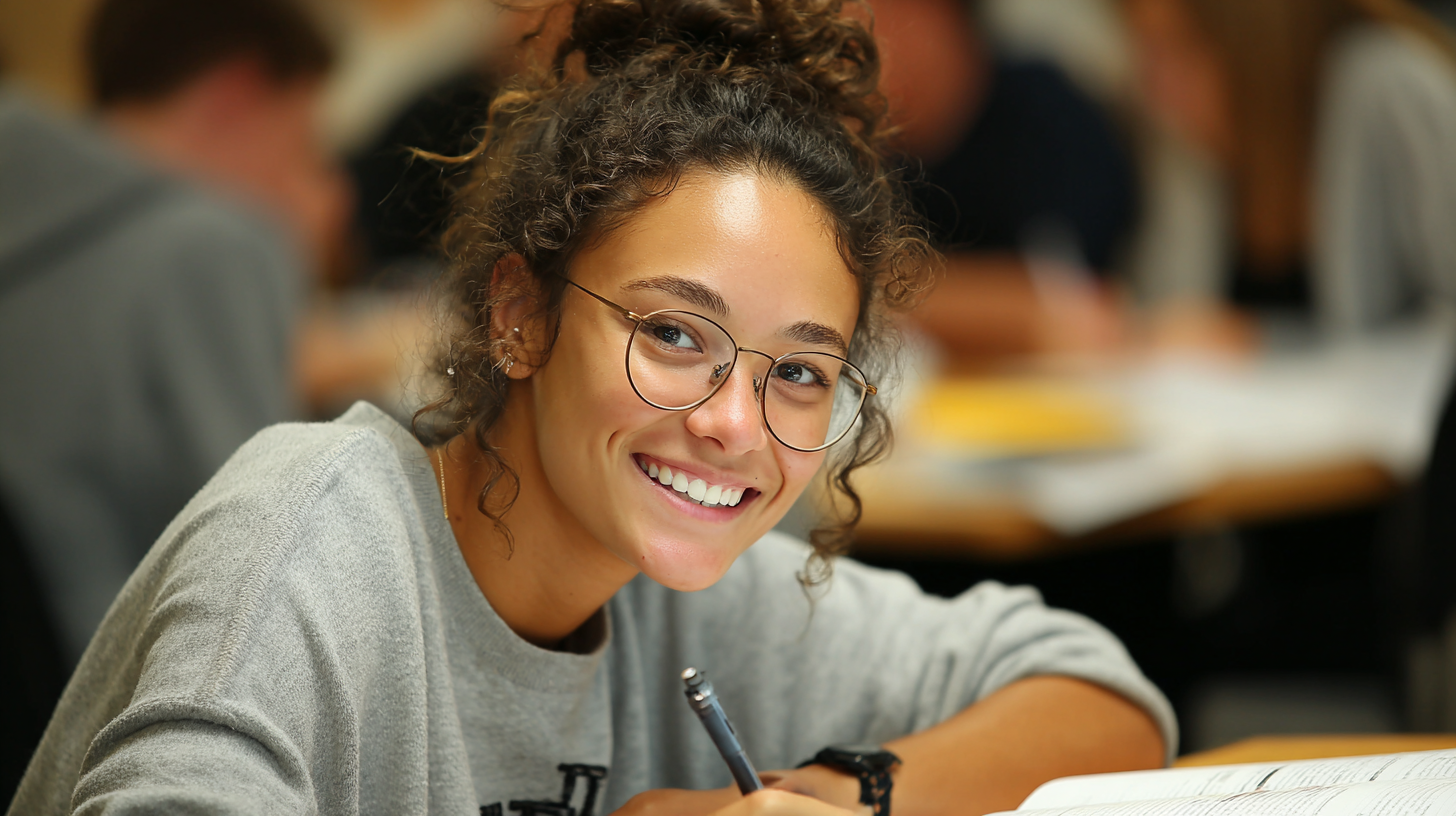 Student smiling while writing in class